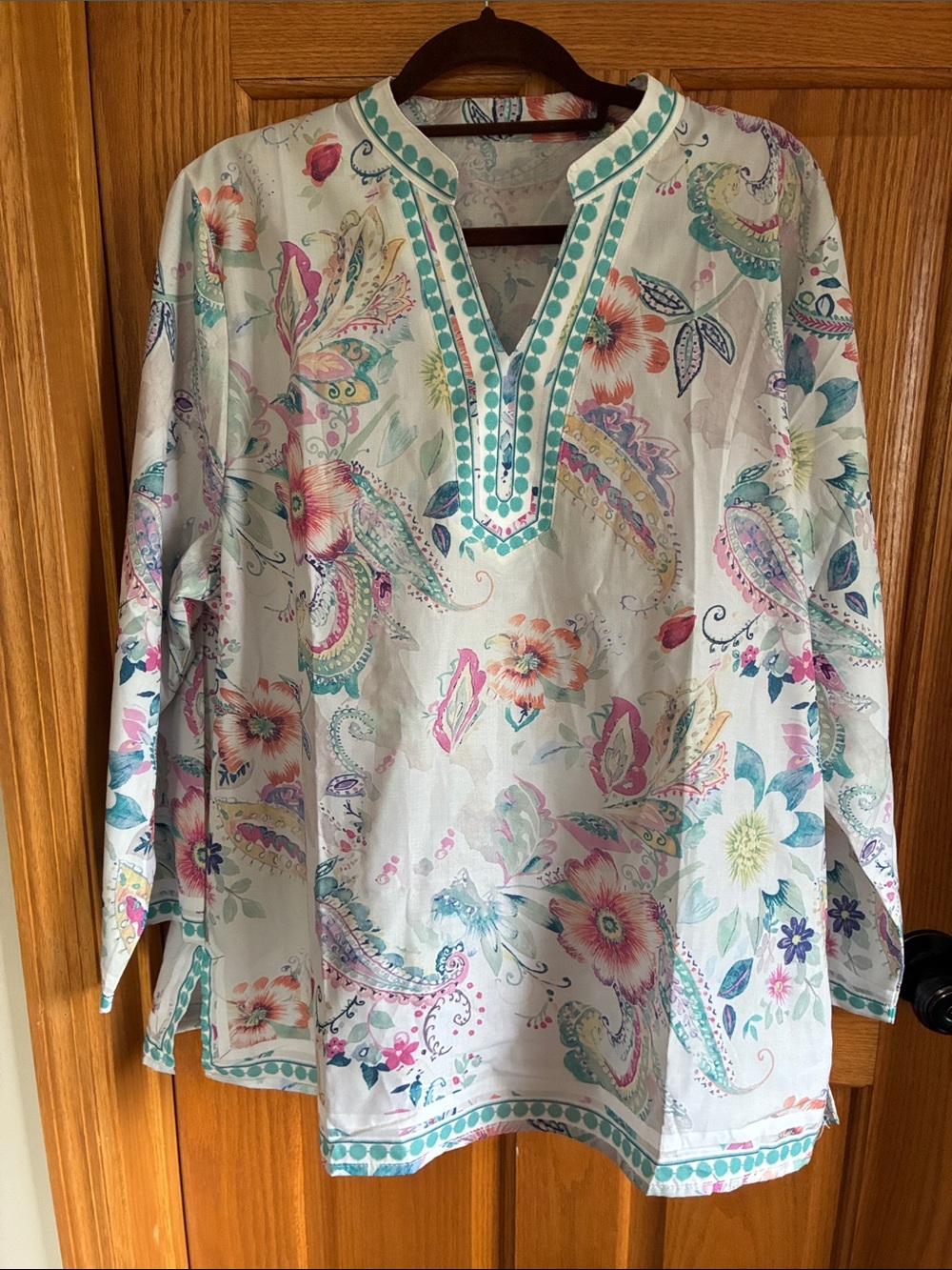 Amazon White Tunic with Teal Trim and Multicolor Floral Paisley